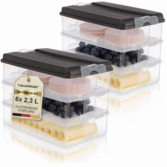 Hausfelder Kühlschrank Organizer Aufschnittdosen – Ordnung und Lebensmittelaufbewahrung, Frischhalteschalen mit Deckel, stapelbar, längliche Dose mit Deckel, Anthrazit 6x2,3L
