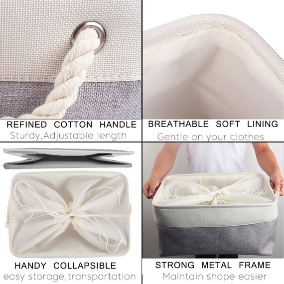 Mangata 3 Stück aufbewahrungskorb Stoff, aufbewahrungsbox groß Schrank, Korb aufbewahrung Stoff mit Seil für Spielzeug, kleiderschrank, Regale, Kleidung (Faltbare,XL, Grau Weiß)