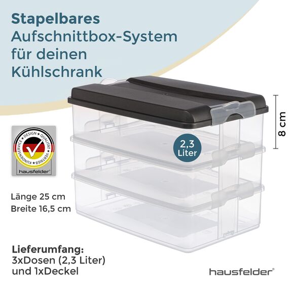 Hausfelder Kühlschrank Aufschnitt Box stapelbar 3x2,3L - Aufschnittdose & Käsedose mit Deckel, Aufbewahrung Kühlschrank Wurst Käse, Frischhaltedosen (Anthrazit)