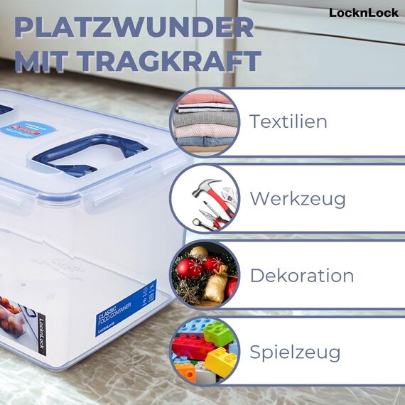 LocknLock PP CLASSIC Aufbewahrungsbox mit Deckel und Griffen | 16 L, 361 x 274 x 212 mm | 100 % Luftdicht | halbtransparenter Vorratsbehälter | Vorratsbehälter mit Deckel für Haushaltsgegenstände