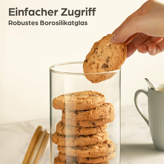 Praknu Vorratsgläser mit Deckel Luftdicht [4er Set - 1200 ml] - Glasbehälter mit Holzdeckel - Vorratsdosen Glas für Lebensmittel & Küche – Müsli Aufbewahrung - Aufbewahrungsgläser - Food Storage Glass