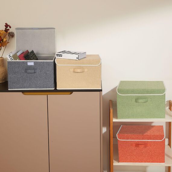 BrilliantJo Aufbewahrungsboxen mit Deckel, Faltbarer Aufbewahrungskorb für Kleidung mit Griff für Spielzeug, Bücher, Schrank, Schlafzimmer, Zuhause, 4-Farbige-Set 38 x 25 x 25 cm