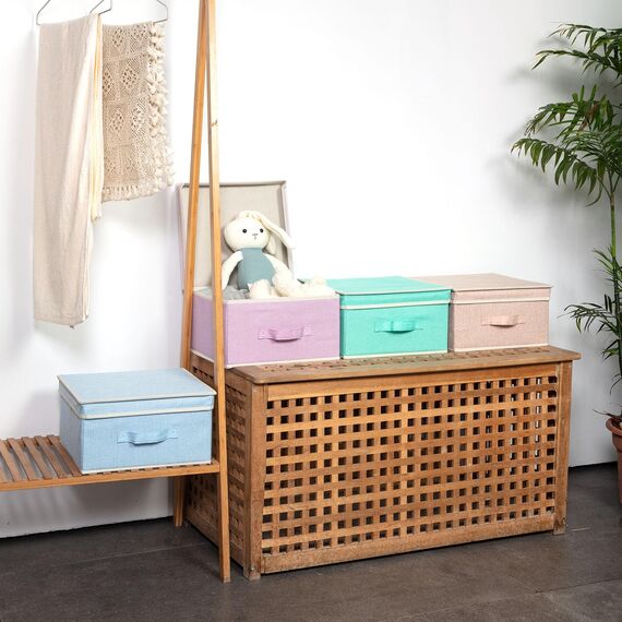 BrilliantJo Aufbewahrungsboxen mit Deckel, Faltbarer Aufbewahrungskorb für Kleidung mit Griff für Spielzeug, Bücher, Schrank, Schlafzimmer, Zuhause, 4-Regenbogenfarben-Set 33,5 x 31,75 x 17,5 cm