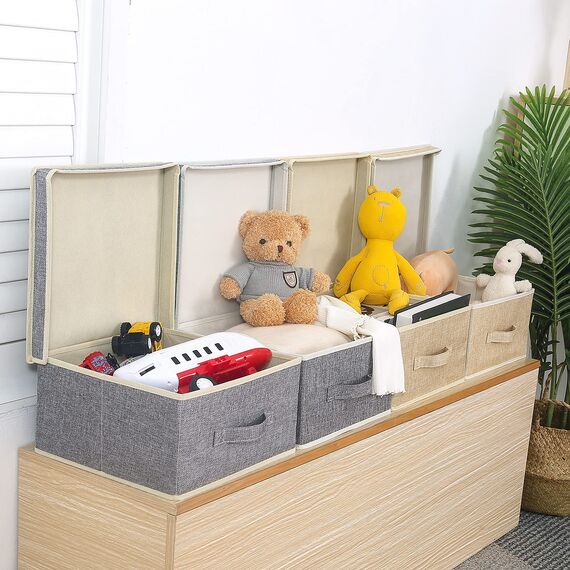 BrilliantJo Aufbewahrungsboxen mit Deckel, Faltbarer Aufbewahrungskorb für Kleidung mit Griff für Spielzeug, Bücher, Schrank, Schlafzimmer, Zuhause, Beige+Grau Set 33,5 * 31,75 * 17,5 cm