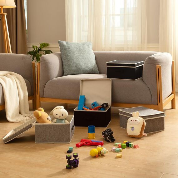 BrilliantJo Aufbewahrungsboxen mit Deckel, Faltbarer Aufbewahrungskorb für Kleidung mit Griff für Spielzeug, Bücher, Schrank, Schlafzimmer, Zuhause, Schwarz+Grau Set 33,5 * 31,75 * 17,5 cm