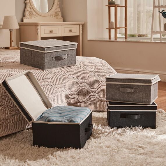 BrilliantJo Aufbewahrungsboxen mit Deckel, Faltbarer Aufbewahrungskorb für Kleidung mit Griff für Spielzeug, Bücher, Schrank, Schlafzimmer, Zuhause, Schwarz+Grau Set 33,5 * 31,75 * 17,5 cm