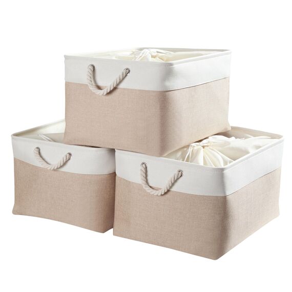 Mangata 3 Stück aufbewahrungskorb Stoff, aufbewahrungsbox groß Schrank, Korb aufbewahrung Stoff mit Seil für Spielzeug, kleiderschrank, Regale, Kleidung (Faltbare,XL, Khaki-Weiß)