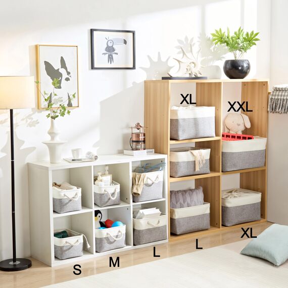 Mangata 3 Stück aufbewahrungskorb Stoff, aufbewahrungsbox groß Schrank, Korb aufbewahrung Stoff mit Seil für Spielzeug, kleiderschrank, Regale, Kleidung (Faltbare,XL, Grau Weiß)