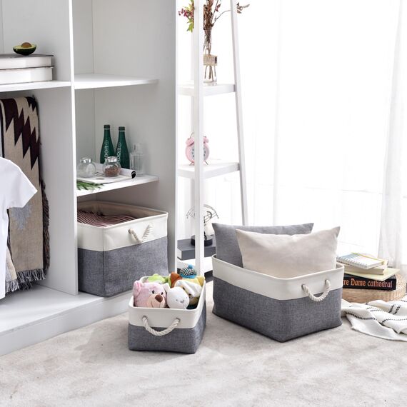 Mangata 3 Stück aufbewahrungskorb Stoff, Faltbare aufbewahrungsbox Schrank, Korb aufbewahrung Stoff mit Baumwolle Seil für Spielzeug, kleiderschrank, Regale, Kleidung (kaltes graues Weiß, groß)