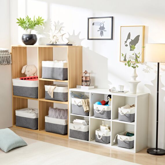 Mangata 3 Stück aufbewahrungskorb Stoff, Faltbare aufbewahrungsbox Schrank, Korb aufbewahrung Stoff mit Seil für Spielzeug, kleiderschrank, Regale, Kleidung (kaltes graues Weiß, Mittel)