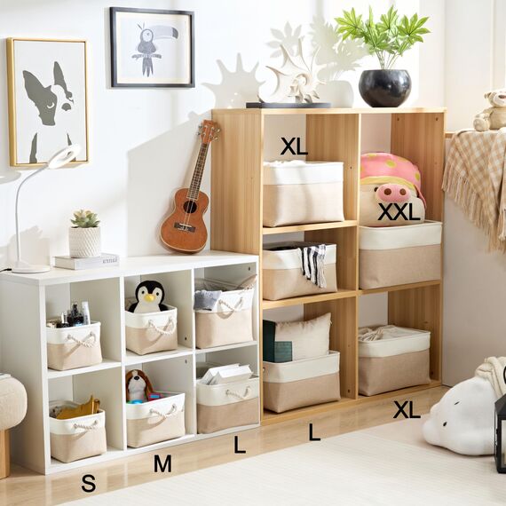 Mangata 3 Stück aufbewahrungskorb Stoff, aufbewahrungsbox groß Schrank, Korb aufbewahrung Stoff mit Seil für Spielzeug, kleiderschrank, Regale, Kleidung (Faltbare,XL, Khaki-Weiß)