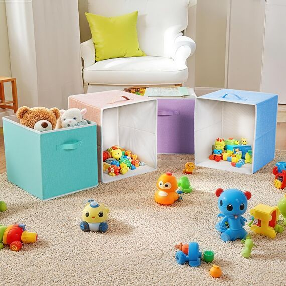 BrilliantJo Aufbewahrungsbox aus Stoff in 4er Set, 33 x 38 x 33 cm Faltbare Aufbewahrungskiste mit Griffe Ordnungssystem Korb für Schrank Regal Spind 4-Regenbogenfarben-Set