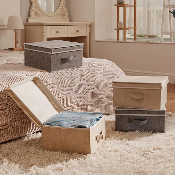 BrilliantJo Aufbewahrungsboxen mit Deckel, Faltbarer Aufbewahrungskorb für Kleidung mit Griff für Spielzeug, Bücher, Schrank, Schlafzimmer, Zuhause, Beige+Grau Set 33,5 * 31,75 * 17,5 cm