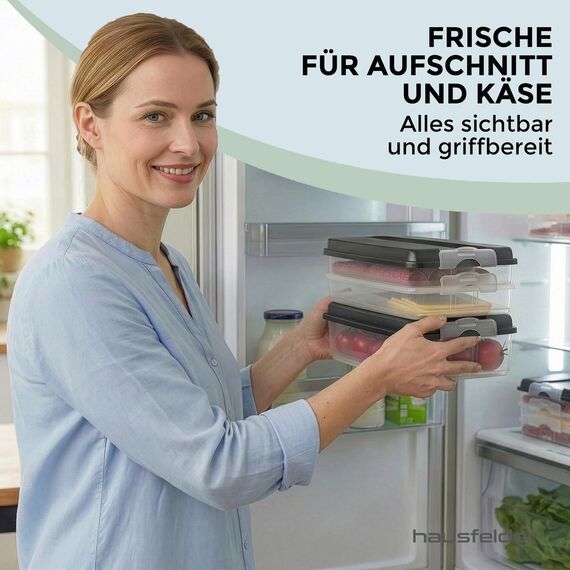 Hausfelder Kühlschrank Organizer Aufschnittdosen – Ordnung und Lebensmittelaufbewahrung, Frischhalteschalen mit Deckel, stapelbar, längliche Dose mit Deckel, Anthrazit 6x2,3L