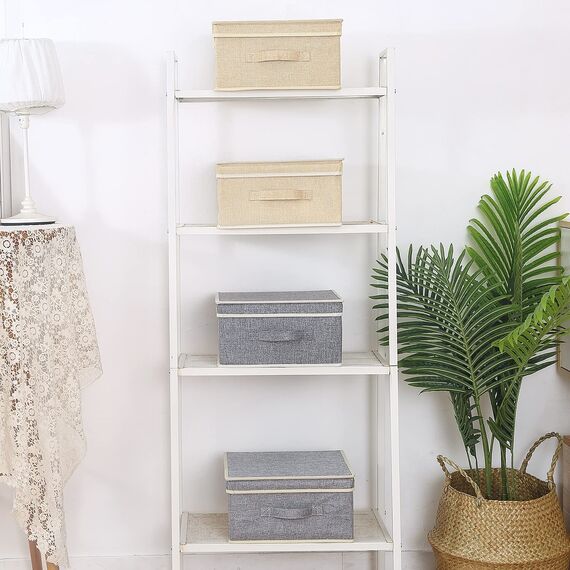 BrilliantJo Aufbewahrungsboxen mit Deckel, Faltbarer Aufbewahrungskorb für Kleidung mit Griff für Spielzeug, Bücher, Schrank, Schlafzimmer, Zuhause, Beige+Grau Set 33,5 * 31,75 * 17,5 cm