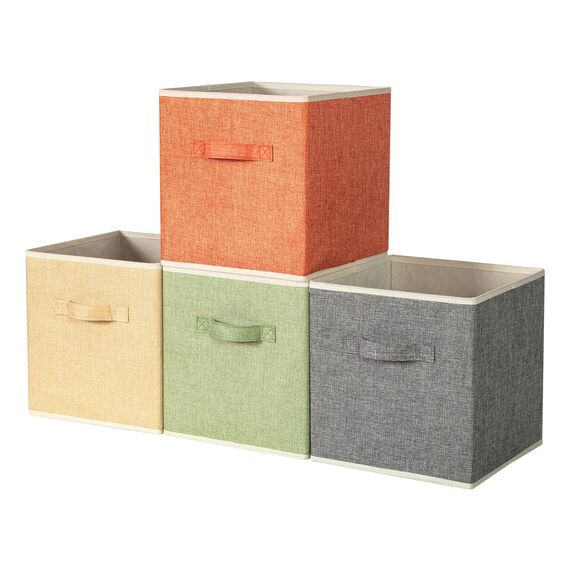 BrilliantJo Aufbewahrungsbox aus Stoff in 4er Set, 27 x 27 x 28 cm Faltbare Aufbewahrungskiste mit Griffe Ordnungssystem Korb für Schrank Regal Spind 4-Farbige-Set