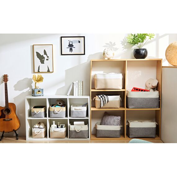 Mangata Große Aufbewahrungsbox 3er Set, Leinenstoff Aufbewahrungskörbe mit Griffen für Schränke, Kleiderschrank, Regale, Badezimmer, Kleidung, Spielzeug, Handtuch (38x28x24cm, Grau Weiß)