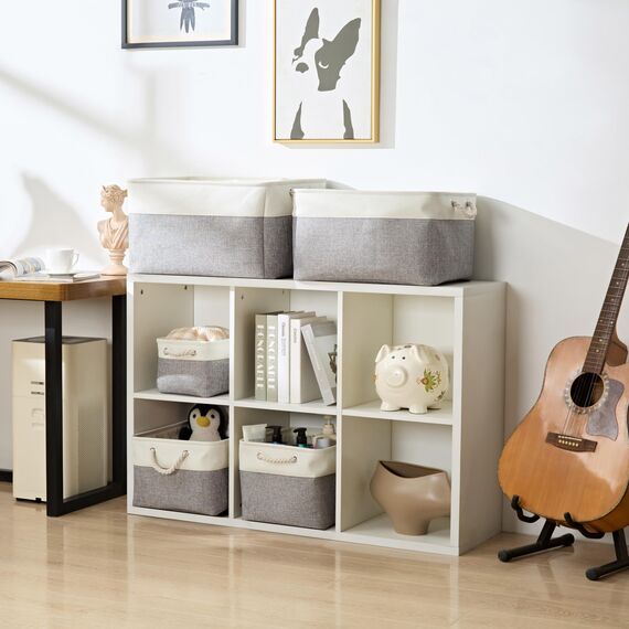 Mangata 3 Stück aufbewahrungskorb Stoff, Kleine aufbewahrungsbox Schrank, Korb aufbewahrung Stoff mit Baumwolle Seil für Spielzeug, kleiderschrank, Regale, Kleidung (Faltbare, Grau Weiß)