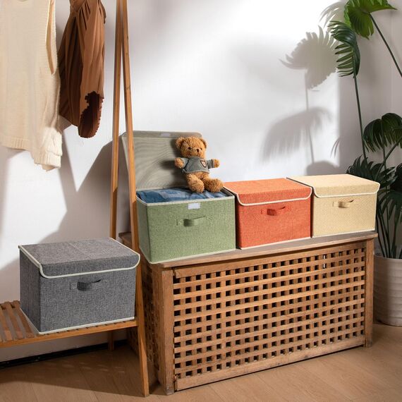 BrilliantJo Aufbewahrungsboxen mit Deckel, Faltbarer Aufbewahrungskorb für Kleidung mit Griff für Spielzeug, Bücher, Schrank, Schlafzimmer, Zuhause, 4-Farbige-Set 38 x 25 x 25 cm