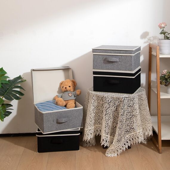 BrilliantJo Aufbewahrungsboxen mit Deckel, Faltbarer Aufbewahrungskorb für Kleidung mit Griff für Spielzeug, Bücher, Schrank, Schlafzimmer, Zuhause, Schwarz+Grau Set 33,5 * 31,75 * 17,5 cm