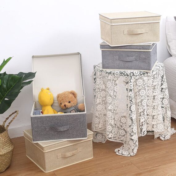 BrilliantJo Aufbewahrungsboxen mit Deckel, Faltbarer Aufbewahrungskorb für Kleidung mit Griff für Spielzeug, Bücher, Schrank, Schlafzimmer, Zuhause, Beige+Grau Set 33,5 * 31,75 * 17,5 cm