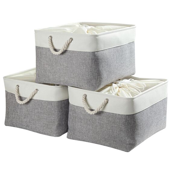 Mangata 3 Stück aufbewahrungskorb Stoff, aufbewahrungsbox groß Schrank, Korb aufbewahrung Stoff mit Seil für Spielzeug, kleiderschrank, Regale, Kleidung (Faltbare,XXL, Grau Weiß)