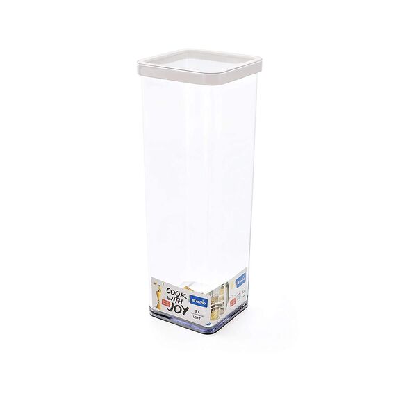 Rotho Loft quadratische Vorratsdose 2l mit Deckel und Dichtung, Kunststoff (SAN) BPA-frei, transparent/weiss, 2l (10.0 x 10.0 x 28.5 cm)