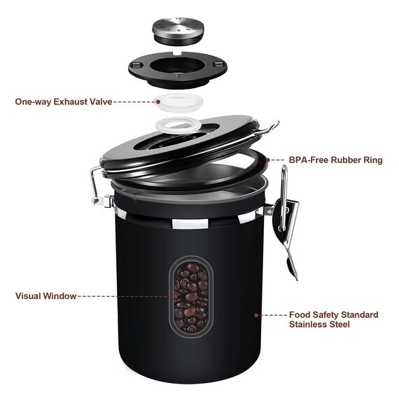 ROCKY&CHAO Kaffeedose Luftdicht aus Edelstahl 1,8L Kaffeebhnen Behälter Vorratsdose für Tee Nüsse Kakao Länger und Frisch Bleiben (Schwarz)