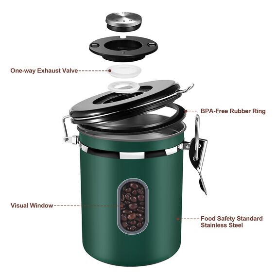 ROCKY&CHAO Kaffeedose Luftdicht aus Edelstahl 1,8L Kaffeebhnen Behälter mit Sichtfenster an der Seite Vorratsdose für 600g Tee Nüsse Kakao Länger und Frisch Bleiben (Grün)