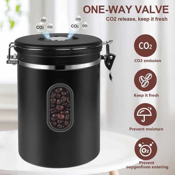 ROCKY&CHAO Kaffeedose Luftdicht aus Edelstahl 2,8L Kaffeebhnen Behälter mit Sichtfenster an der Seite 1kg Vorratsdose für Tee Nüsse Kakao Länger und Frisch Bleiben