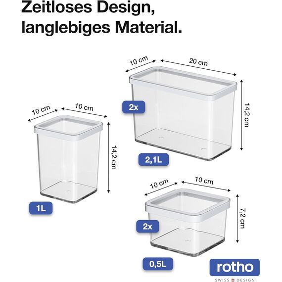 Rotho Loft 5er-Set Vorratsdosen mit Deckel verschiedene Größen, lebensmittelechter Kunststoff (PP) BPA-frei, transparent/weiss, (21.4 x 21.4 x 23.5 cm)