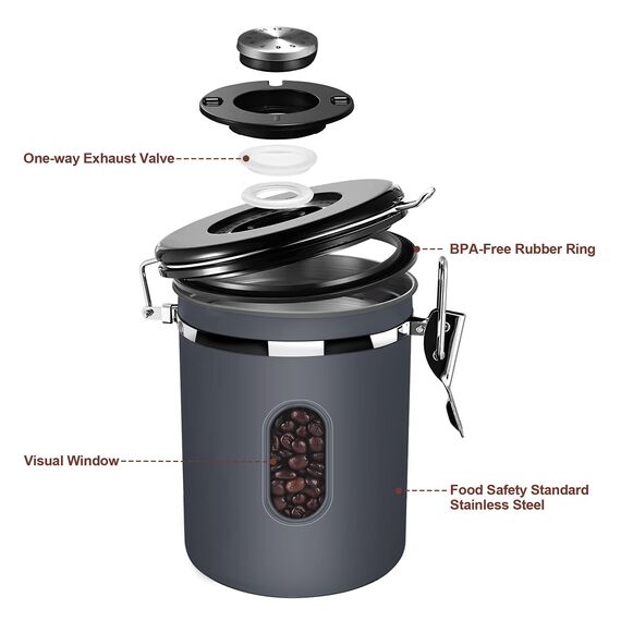 ROCKY&CHAO Kaffeedose Luftdicht aus Edelstahl 1,8L Kaffeebhnen Behälter 600g mit Sichtfenster an der Seite Vorratsdose für Tee Nüsse Kakao Länger und Frisch Bleiben