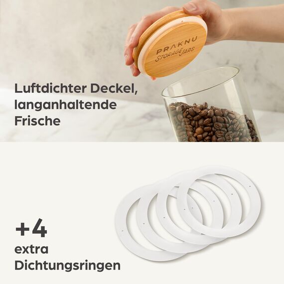 Praknu Vorratsgläser mit Deckel 4er Set - Luftdicht mit 4 Extra Dichtungen - Borosilikatglas - Spülmaschinenfest - Vorratsdosen Glas mit Bambusdeckel