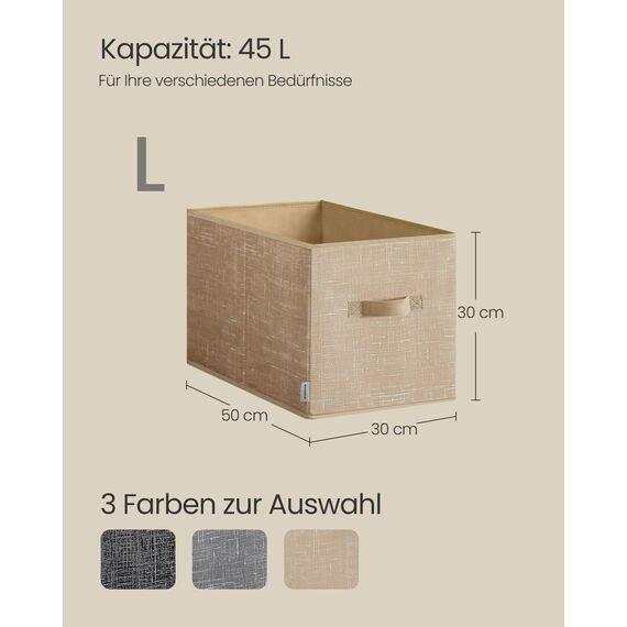 SONGMICS Aufbewahrungsbox 3er Set, zusammenklappbar, Stoffboxen aufbewahren, 50 x 30 x 30 cm, für Kleiderschrank, 2 Griffe, Etikette, für Schlafzimmer Wohnzimmer, sandbeige ROB450K01