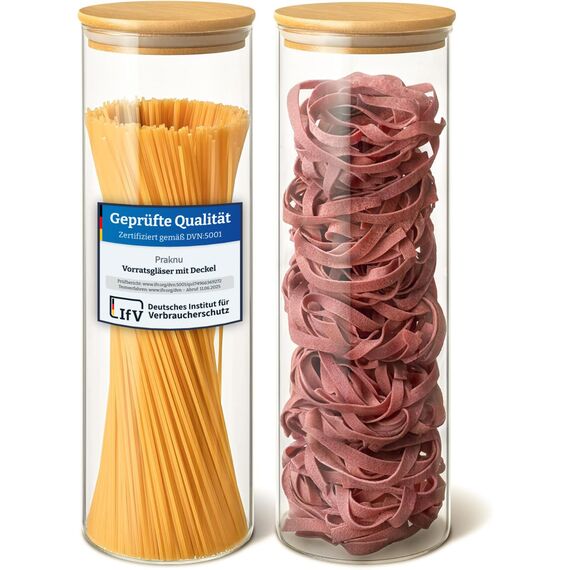 Praknu Vorratsdosen mit Deckel für Spaghetti 2er Set - Luftdicht mit Holzdeckel - Spülmaschinenfest - Hoch 30cm - Spaghetti Aufbewahrung