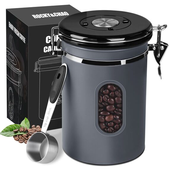 ROCKY&CHAO Kaffeedose Luftdicht aus Edelstahl 1,8L Kaffeebhnen Behälter 600g mit Sichtfenster an der Seite Vorratsdose für Tee Nüsse Kakao Länger und Frisch Bleiben
