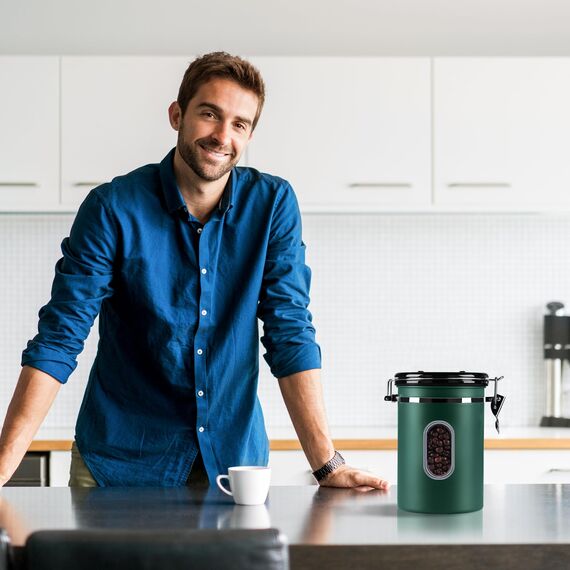 ROCKY&CHAO Kaffeedose Luftdicht aus Edelstahl 1,8L Kaffeebhnen Behälter mit Sichtfenster an der Seite Vorratsdose für 600g Tee Nüsse Kakao Länger und Frisch Bleiben (Grün)