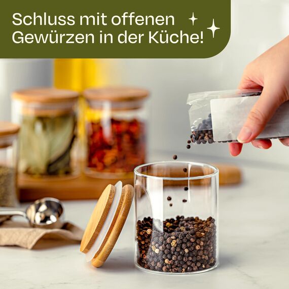 Praknu Gewürzgläser Groß - 8er Set 250ml - mit Etiketten zum Beschriften - Luftdicht - Spülmaschinenfest - Küchenorganisation - für Gewürze, Kräuter & Tee