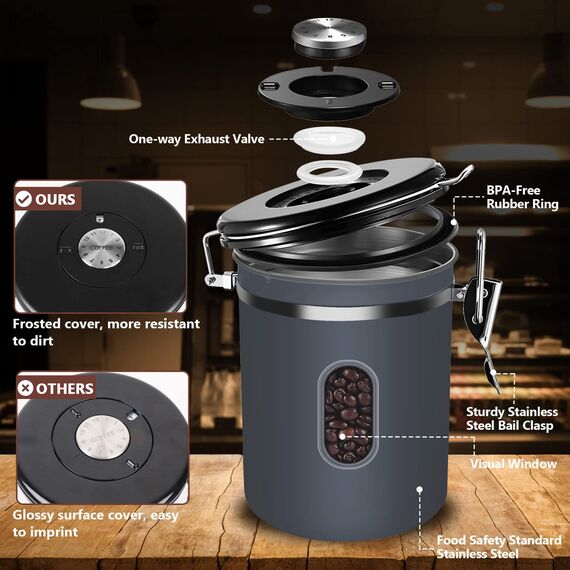 ROCKY&CHAO Kaffeedose Luftdicht aus Edelstahl 2,8L Kaffeebhnen Behälter mit Sichtfenster an der Seite Vorratsdose für 1kg Tee Nüsse Kakao Länger und Frisch Bleiben
