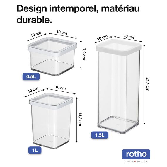 Rotho Loft 3er-Set Vorratsdosen verschiedene Größen, lebensmittelechter Kunststoff (PP) BPA-frei, transparent/weiss, (21.2 x 11.4 x 23.5 cm)