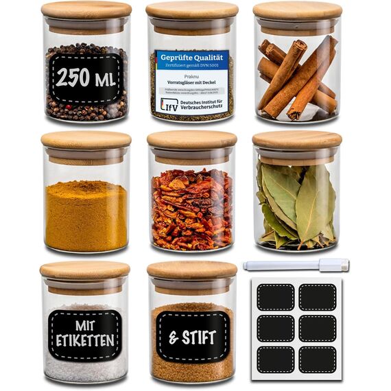 Praknu Gewürzgläser Groß - 8er Set 250ml - mit Etiketten zum Beschriften - Luftdicht - Spülmaschinenfest - Küchenorganisation - für Gewürze, Kräuter & Tee