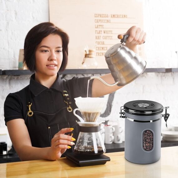 ROCKY&CHAO Kaffeedose Luftdicht aus Edelstahl 1,8L Kaffeebhnen Behälter 600g mit Sichtfenster an der Seite Vorratsdose für Tee Nüsse Kakao Länger und Frisch Bleiben