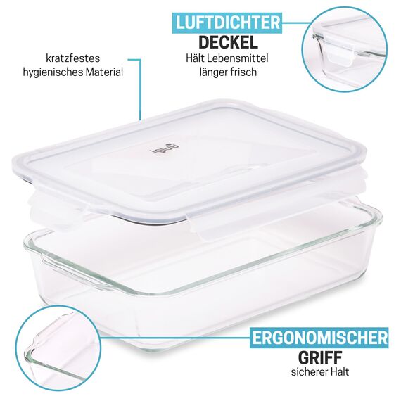 Igluu Meal Prep Lasagne-Auflaufform mit BPA-freiem Schnappverschluss-Deckel 2,2 Liter (2-teilig) – rechteckige, robustes Borosilikatglasform – ofen-, mikrowellen-, gefrier- & spülmaschinengeeignet