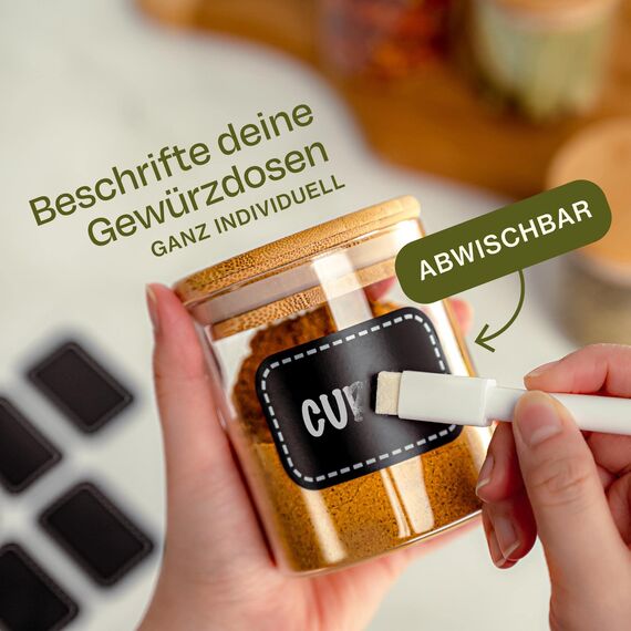 Praknu Gewürzgläser Groß - 8er Set 250ml - mit Etiketten zum Beschriften - Luftdicht - Spülmaschinenfest - Küchenorganisation - für Gewürze, Kräuter & Tee