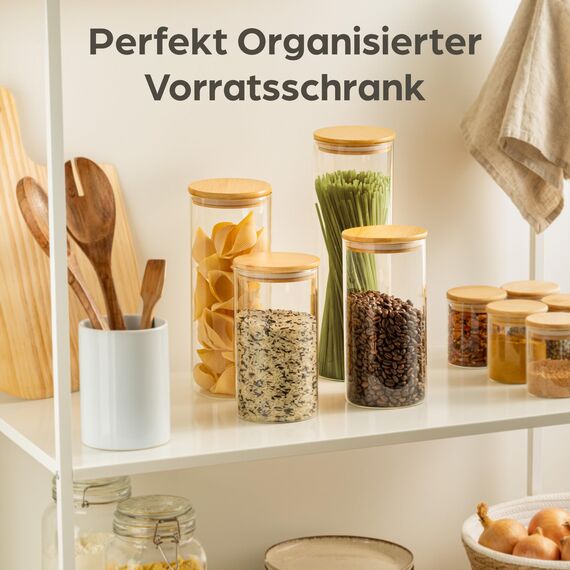 Praknu Vorratsgläser mit Deckel 4er Set - Luftdicht mit 4 Extra Dichtungen - Borosilikatglas - Spülmaschinenfest - Vorratsdosen Glas mit Bambusdeckel