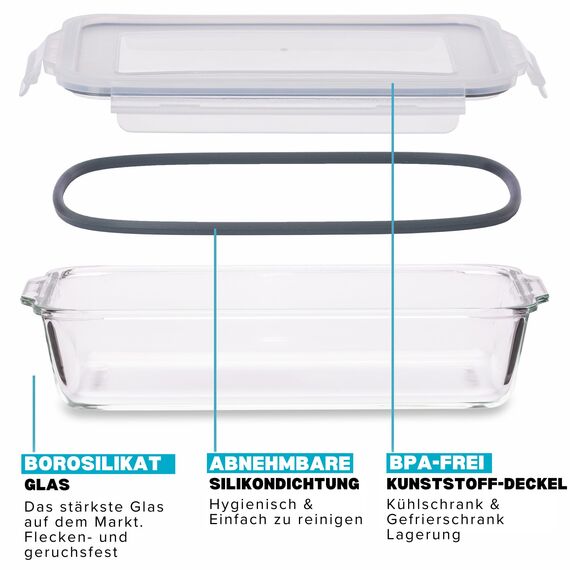 Igluu Meal Prep Lasagne-Auflaufform mit BPA-freiem Schnappverschluss-Deckel 2,2 Liter (2-teilig) – rechteckige, robustes Borosilikatglasform – ofen-, mikrowellen-, gefrier- & spülmaschinengeeignet