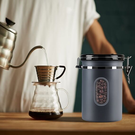 ROCKY&CHAO Kaffeedose Luftdicht aus Edelstahl 1,8L Kaffeebhnen Behälter 600g mit Sichtfenster an der Seite Vorratsdose für Tee Nüsse Kakao Länger und Frisch Bleiben