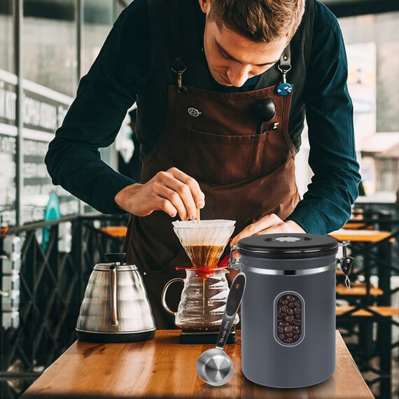 ROCKY&CHAO Kaffeedose Luftdicht aus Edelstahl 1,5L Kaffeebhnen Behälter mit Sichtfenster an der Seite Vorratsdose für 500g Tee Nüsse Kakao Länger und Frisch Bleiben（Grau）