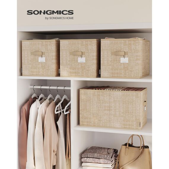 SONGMICS Aufbewahrungsbox 3er Set, zusammenklappbar, Stoffboxen aufbewahren, 50 x 30 x 30 cm, für Kleiderschrank, 2 Griffe, Etikette, für Schlafzimmer Wohnzimmer, sandbeige ROB450K01