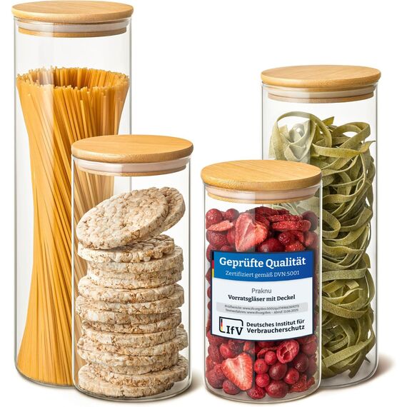 Praknu Vorratsgläser mit Deckel 4er Set - Luftdicht mit 4 Extra Dichtungen - Borosilikatglas - Spülmaschinenfest - Vorratsdosen Glas mit Bambusdeckel